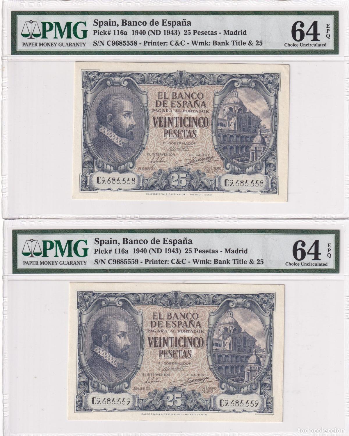 Billets espagnols: CRPMG058 PAREJA CORRELATIVA BILLETES ESPA&Ntilde;A 25 PESETA 1940 SERIE C ENCAPSULADO PMG 64