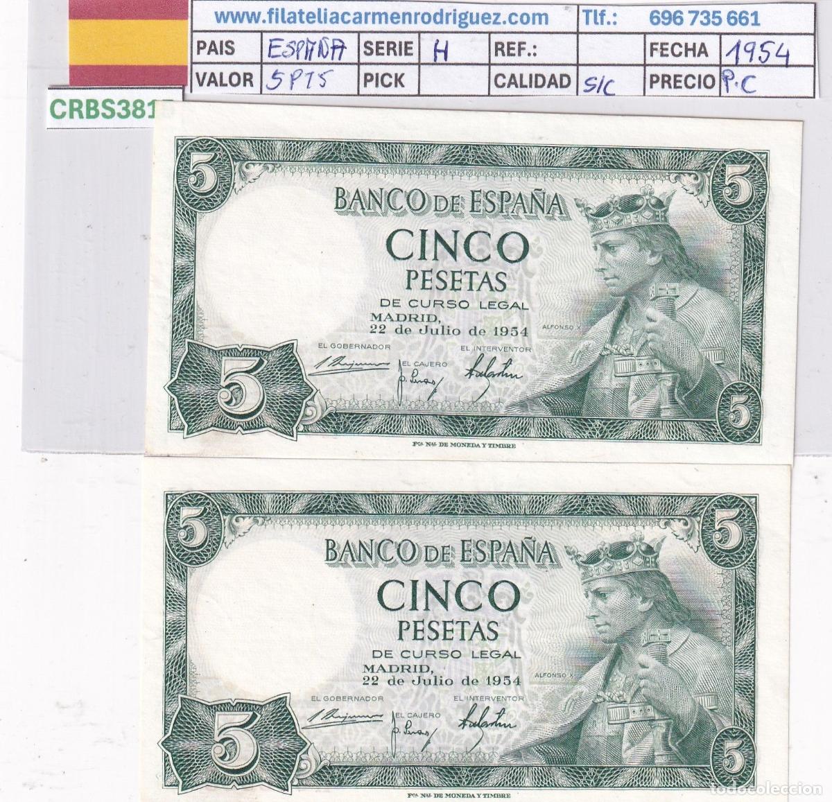 Billetes espa&ntilde;oles: CRBS3815 PAREJA CORRELATIVA BILLETES ESPA&Ntilde;A 5 PESETAS 1954 SERIE H SIN CIRCULAR