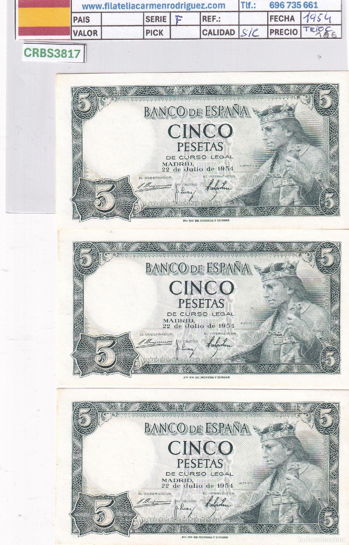 Billetes espa&ntilde;oles: CRBS3817 TRIO CORRELATIVO BILLETES ESPA&Ntilde;A 5 PESETAS 1954 SERIE F SIN CIRCULAR