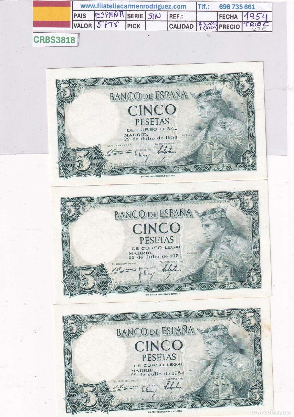 Billetes espa&ntilde;oles: CRBS3818 TRIO CORRELATIVO BILLETES ESPA&Ntilde;A 5 PESETAS 1954 SIN SERIE S/C Y S/C-