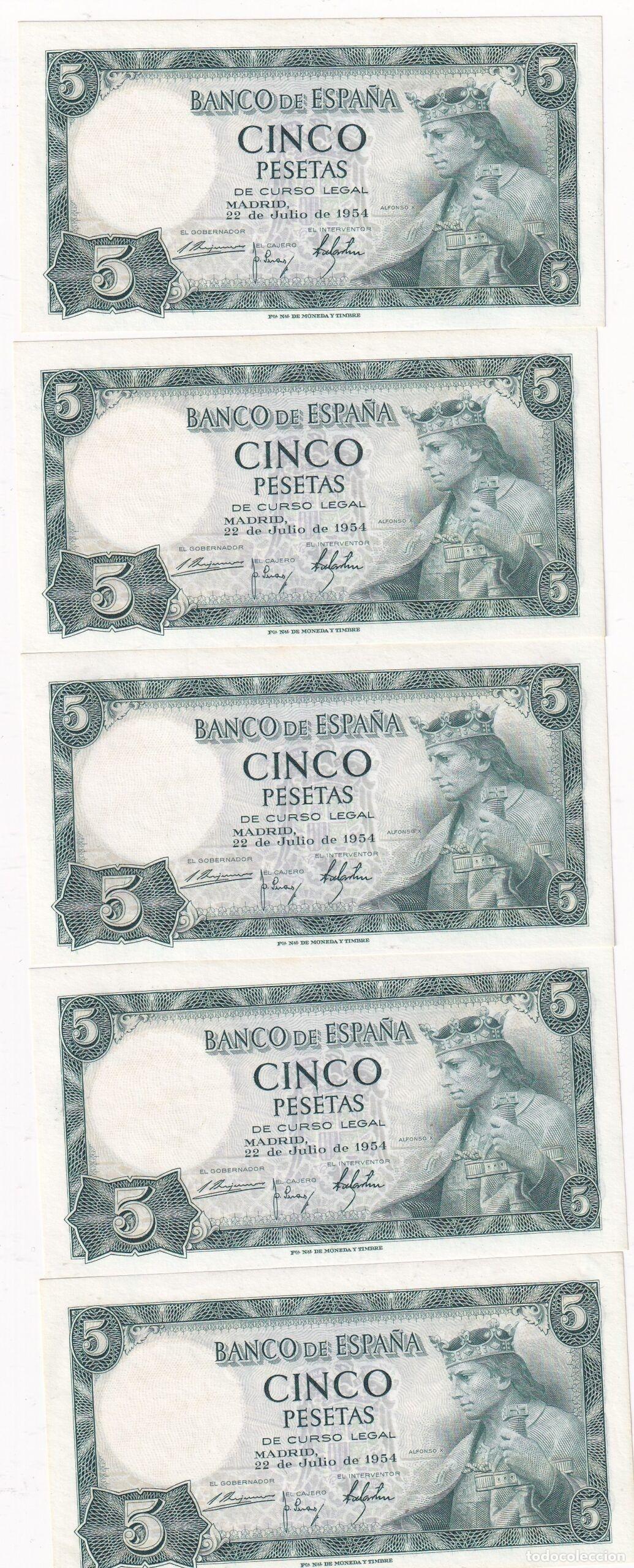 Billetes espa&ntilde;oles: CRBS3819 LOTE 5 BILLETES ESPA&Ntilde;A CORRELATIVOS 5 PESETAS 1954 SIN SERIE SIN CIRCULAR