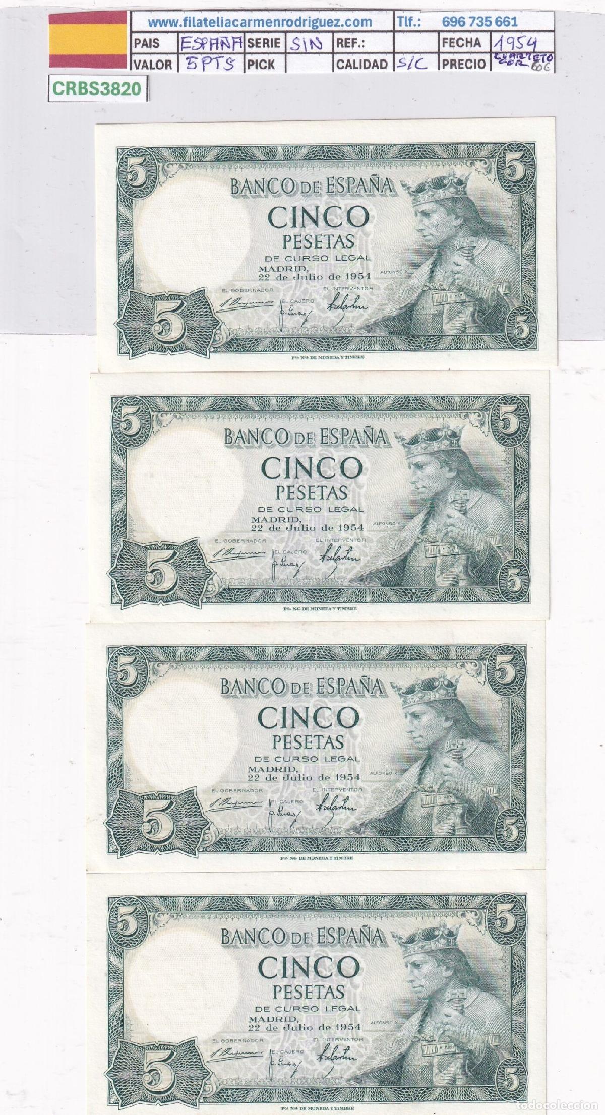 Billetes espa&ntilde;oles: CRBS3820 LOTE 4 BILLETES ESPA&Ntilde;A CORRELATIVOS 5 PESETAS 1954 SIN SERIE SIN CIRCULAR