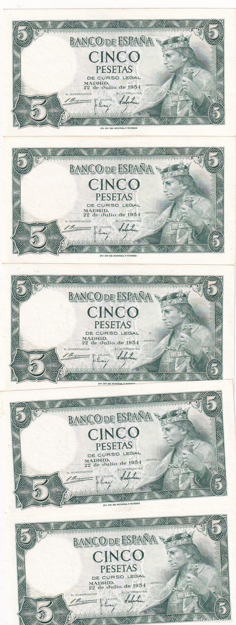 Billetes espa&ntilde;oles: CRBS3821 LOTE 5 BILLETES ESPA&Ntilde;A CORRELATIVOS 5 PESETAS 1954 SERIE H SIN CIRCULAR