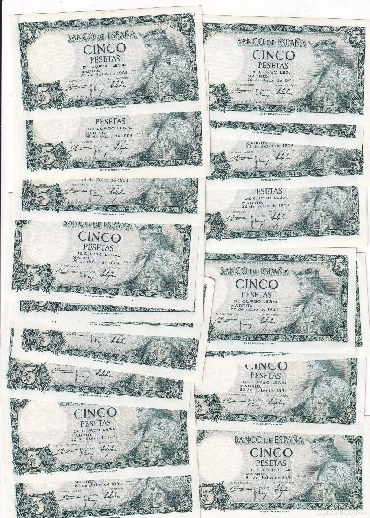 Billetes espa&ntilde;oles: CRBS3823 LOTE 20 BILLETES ESPA&Ntilde;A CORRELATIVOS 5 PESETAS 1954 SIN SERIE S/C Y S/C-