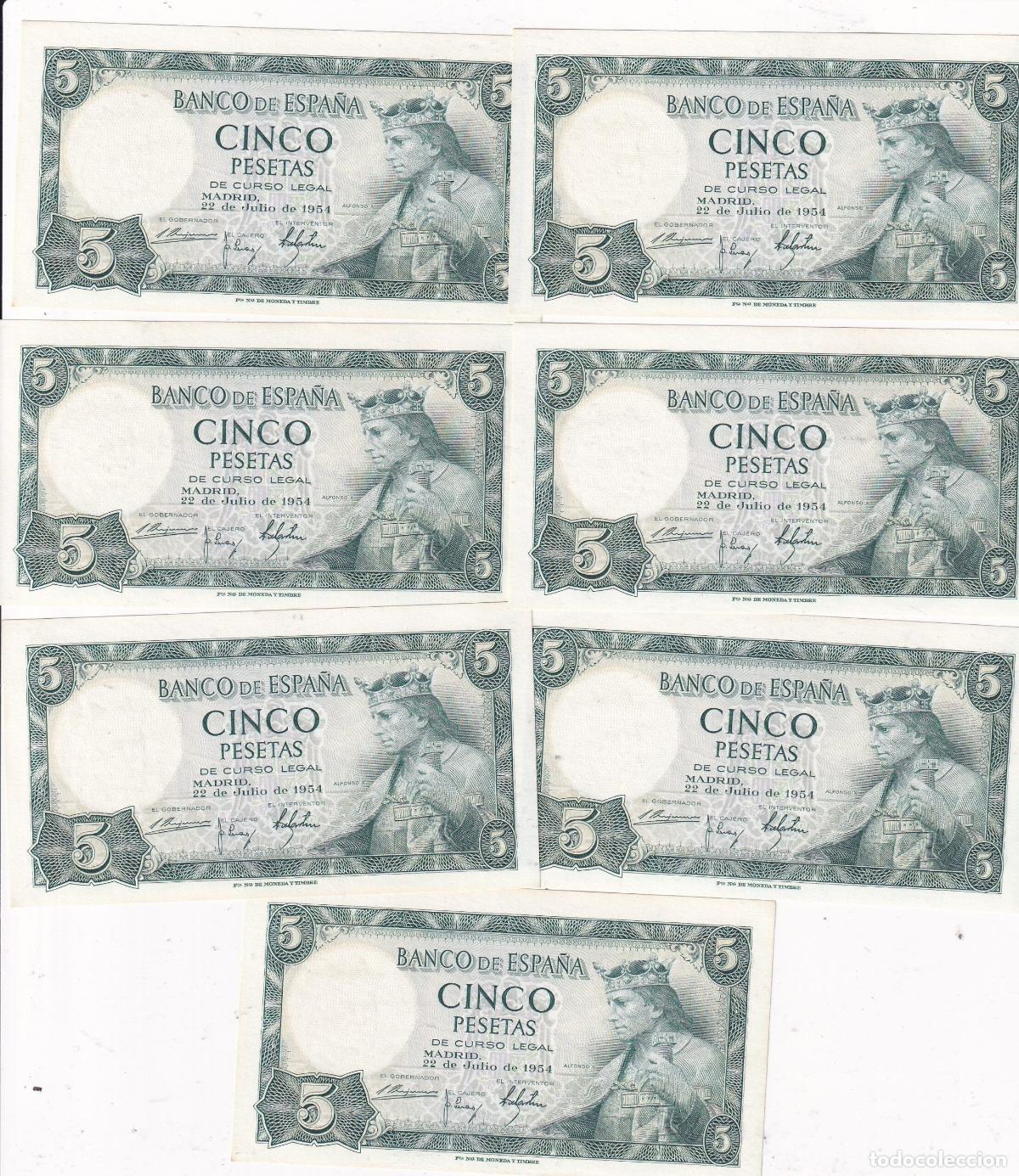 Billetes espa&ntilde;oles: CRBS3824 LOTE 7 BILLETES ESPA&Ntilde;A CORRELATIVOS 5 PESETAS 1954 SIN SERIE SIN CIRCULAR