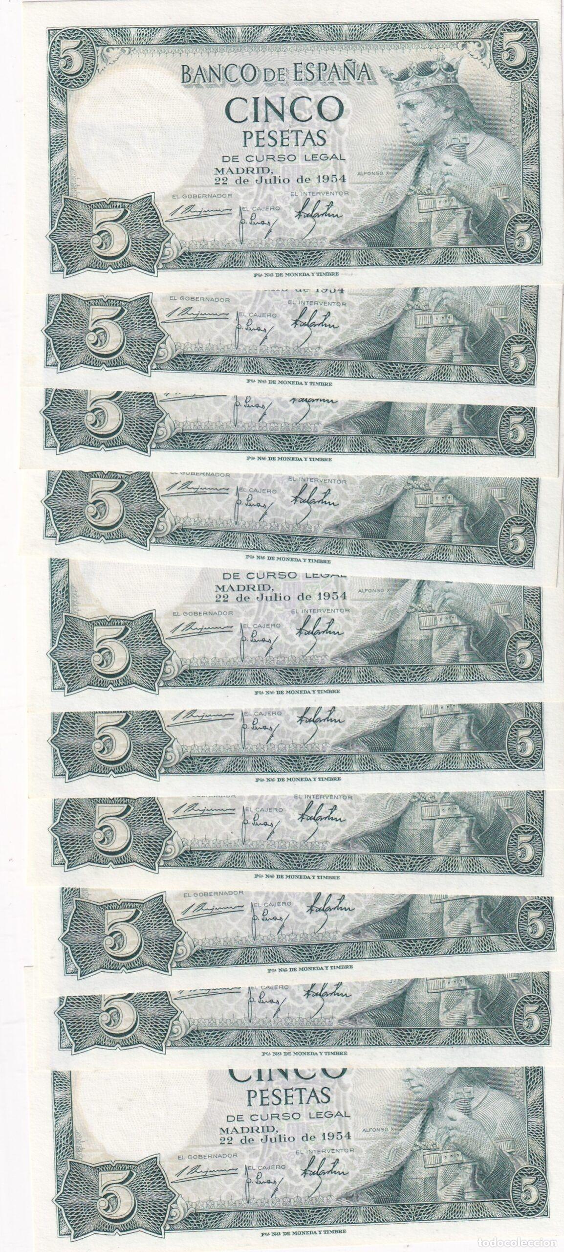 Billetes espa&ntilde;oles: CRBS3825 LOTE 11 BILLETES ESPA&Ntilde;A CORRELATIVOS 5 PESETAS 1954 SIN SERIE SIN CIRCULAR