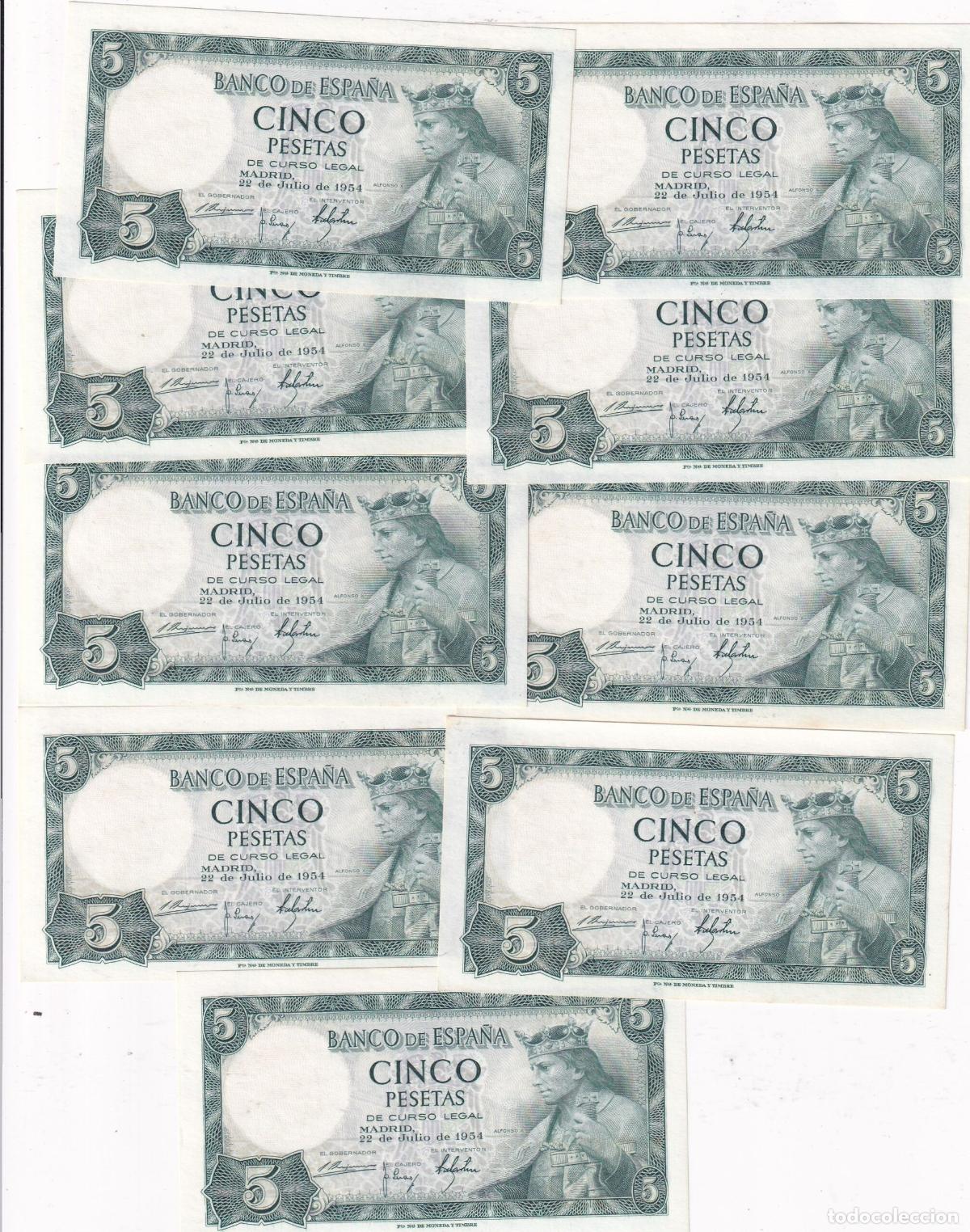 Billetes espa&ntilde;oles: CRBS3827 LOTE 9 BILLETES ESPA&Ntilde;A CORRELATIVOS 5 PESETAS 1954 SIN SERIE SIN CIRCULAR