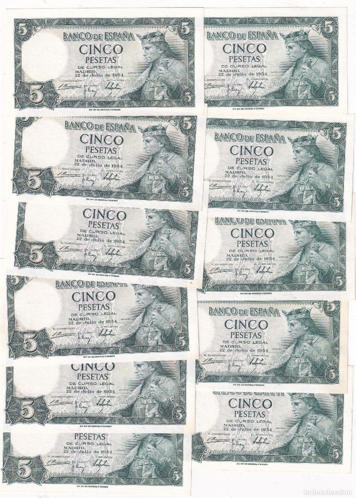 Billetes espa&ntilde;oles: CRBS3828 LOTE 11 BILLETES ESPA&Ntilde;A CORRELATIVOS 5 PESETAS 1954 SERIE B S/C Y S/C-