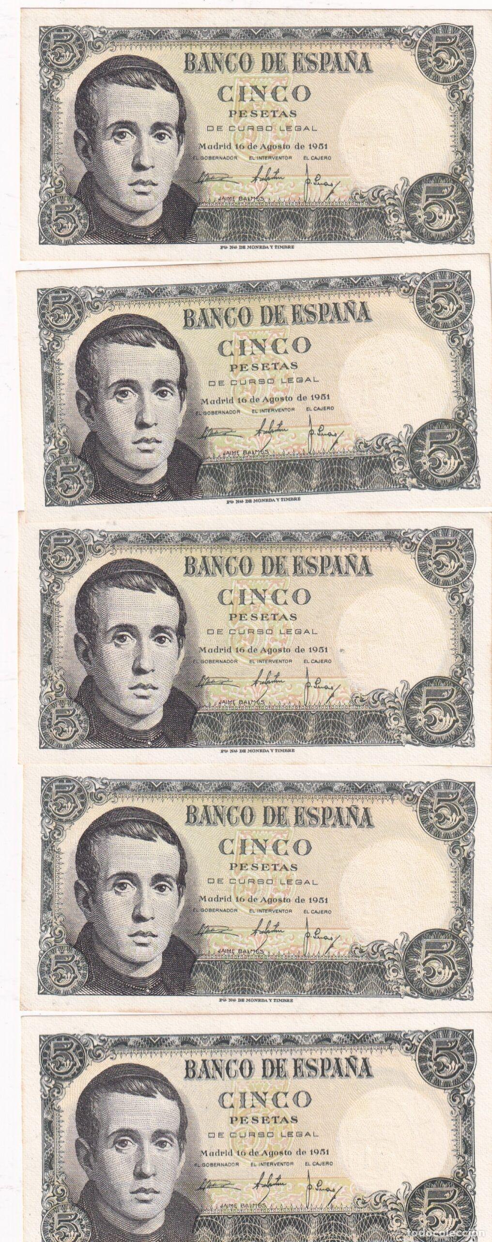 Billetes espa&ntilde;oles: CRBS3829 LOTE 5 BILLETES ESPA&Ntilde;A CORRELATIVOS 5 PESETAS 1951 SERIE 1I SIN CIRCULAR