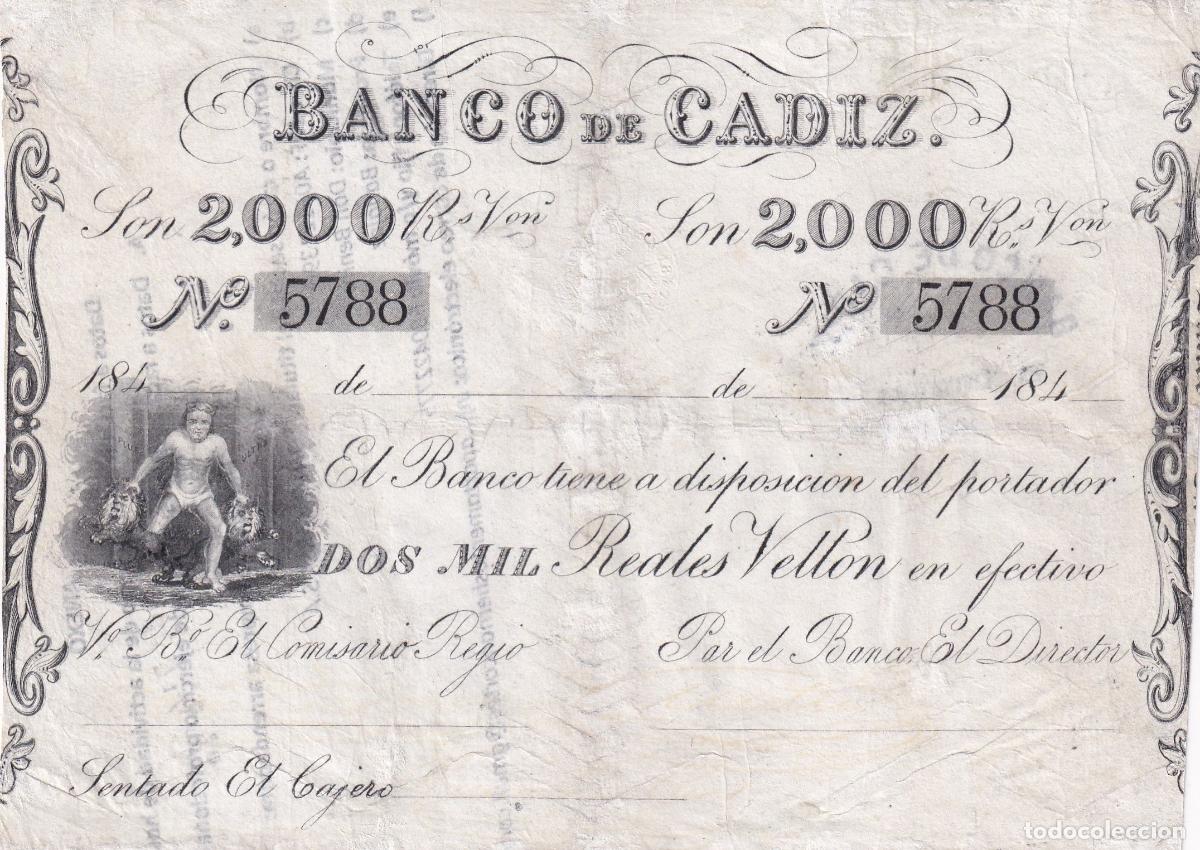 Notas espanholas: CRBS3138 BILLETE BANCO DE CADIZ 2000 REALES DE VELLON RESTAURADO