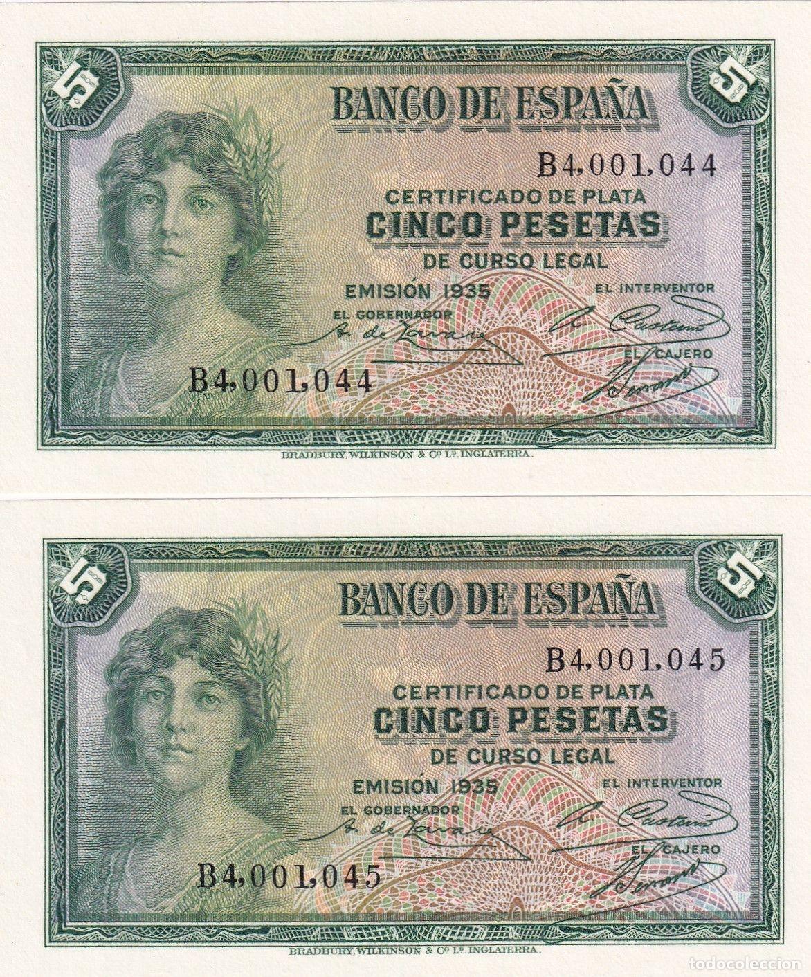 Notas espanholas: CRBS3139 PAREJA CORRELATIVA BILLETES ESPA&Ntilde;A 5 PESETAS EMISION 1935 SERIE B S/C