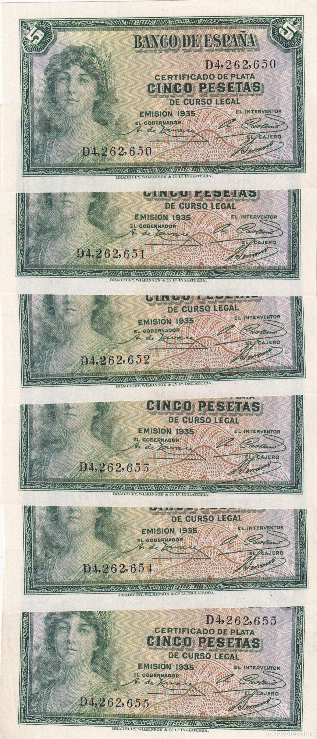 Notas espanholas: CRBS3141 LOTE 6 BILLETES CORRELATIVOS ESPA&Ntilde;A 5 PESETAS EMISION 1935 SERIE D S/C