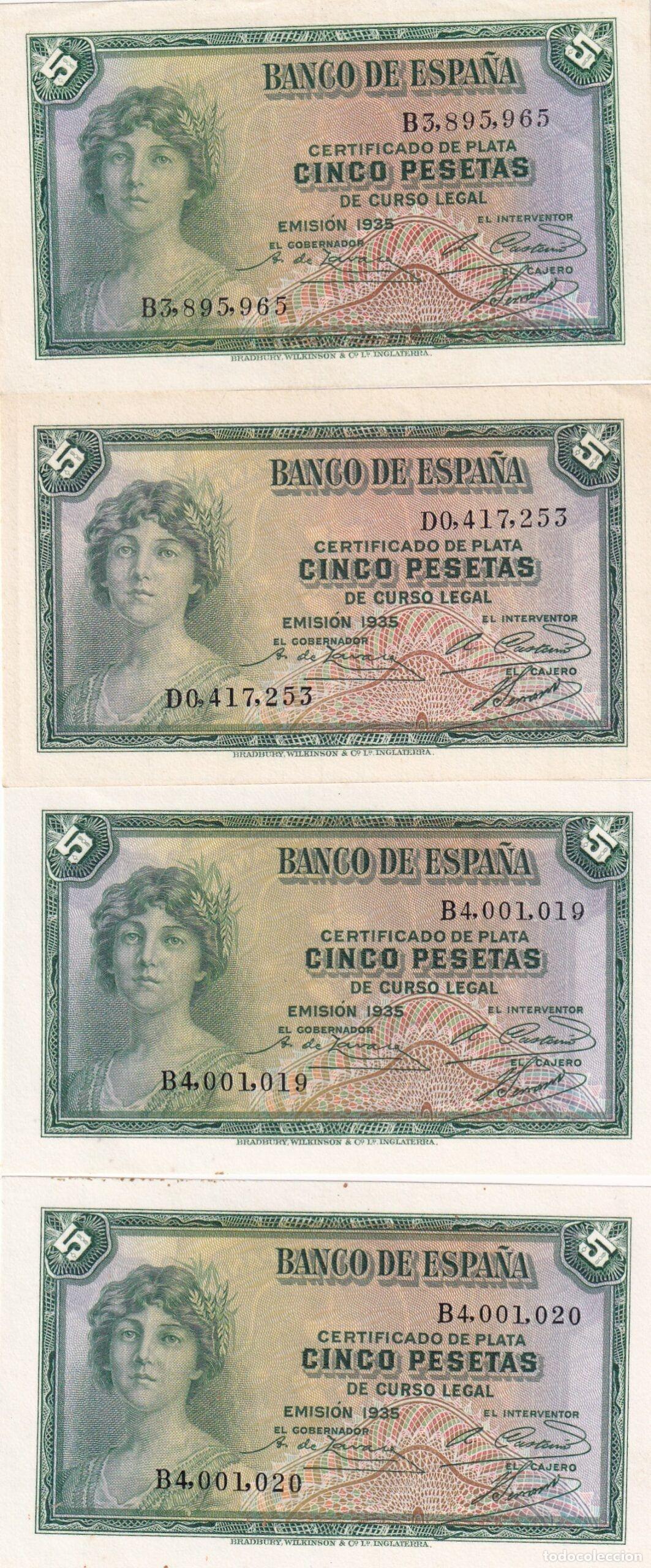 Notas espanholas: CRBS3142 LOTE 4 BILLETES CORRELATIVOS ESPA&Ntilde;A 5 PESETAS EMISION 1935 SERIE B S/C S/C-