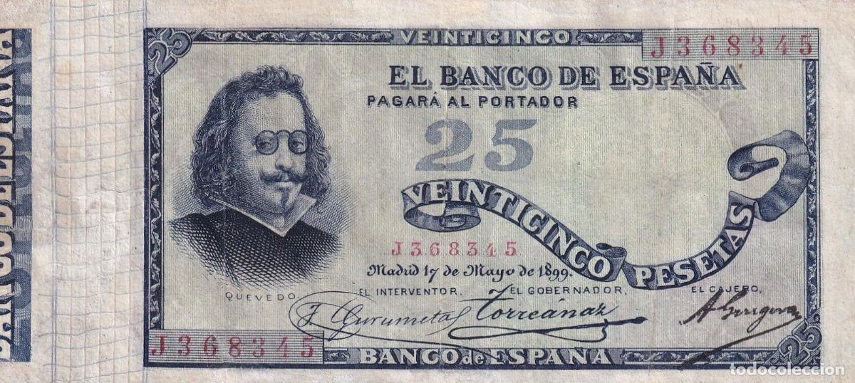 Notas espanholas: CRBS3145 BILLETE ESPA&Ntilde;A 25 PESETAS 1889 SERIE J RESTAURADO