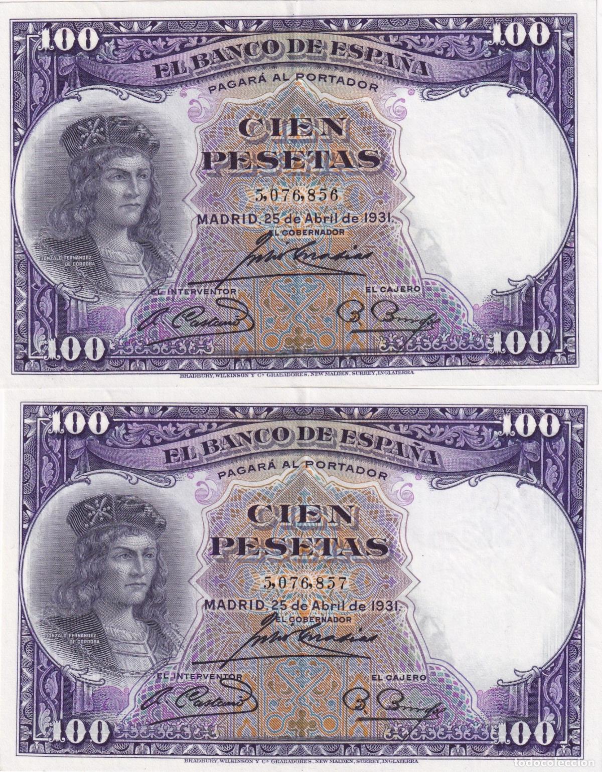 Spanish Banknotes: CRBS3153 PAREJA CORRELATIVA BILLETES ESPA&Ntilde;A 100 PESETAS 1931 SIN SERIE EBC+
