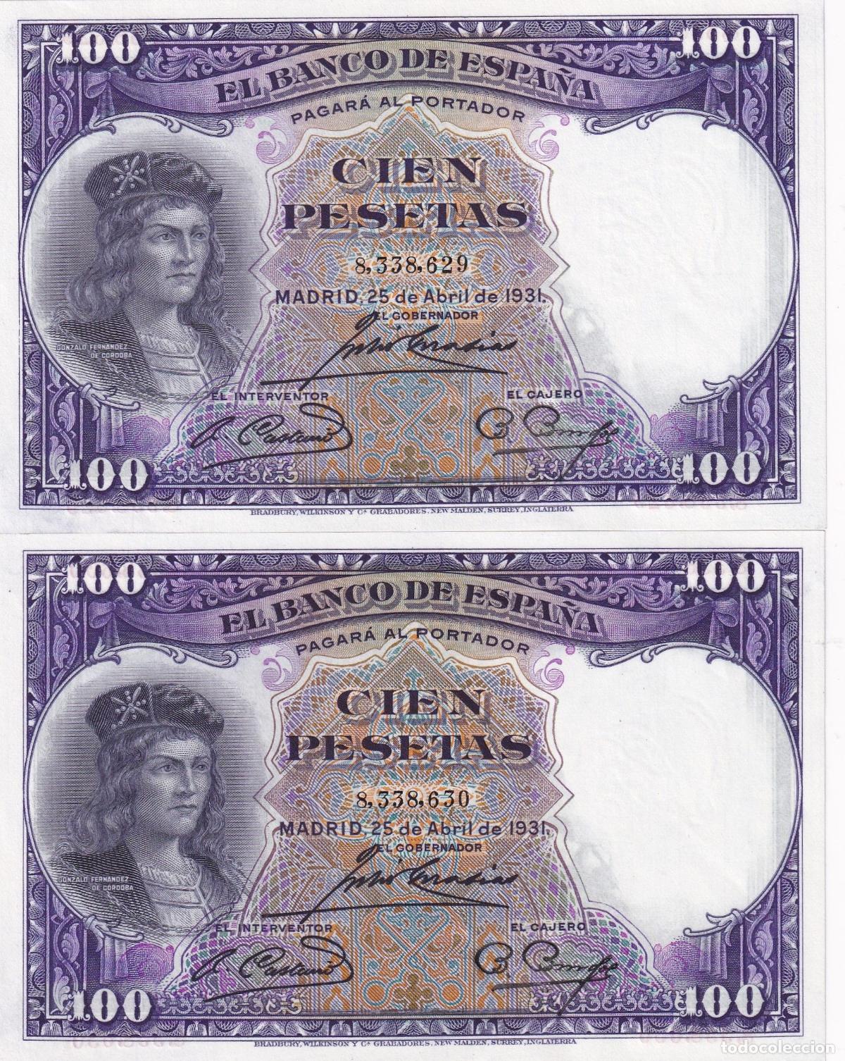 Spanish Banknotes: CRBS3154 PAREJA CORRELATIVA BILLETES ESPA&Ntilde;A 100 PESETAS 1931 SIN SERIE S/C