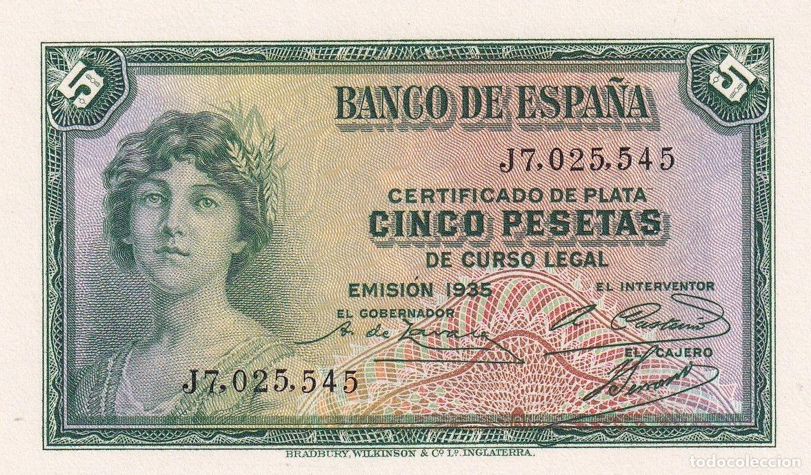 Notas espanholas: CRBS3193 BILLETE ESPA&Ntilde;A 5 PESETAS EMISION 1935 SERIE J S/C