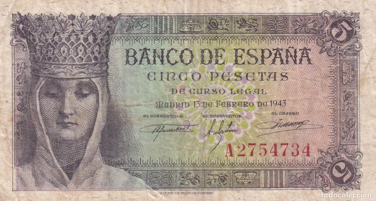 Notas espanholas: CRBS3203 BILLETE ESPA&Ntilde;A 5 PESETAS 1943 SERIE A BC+