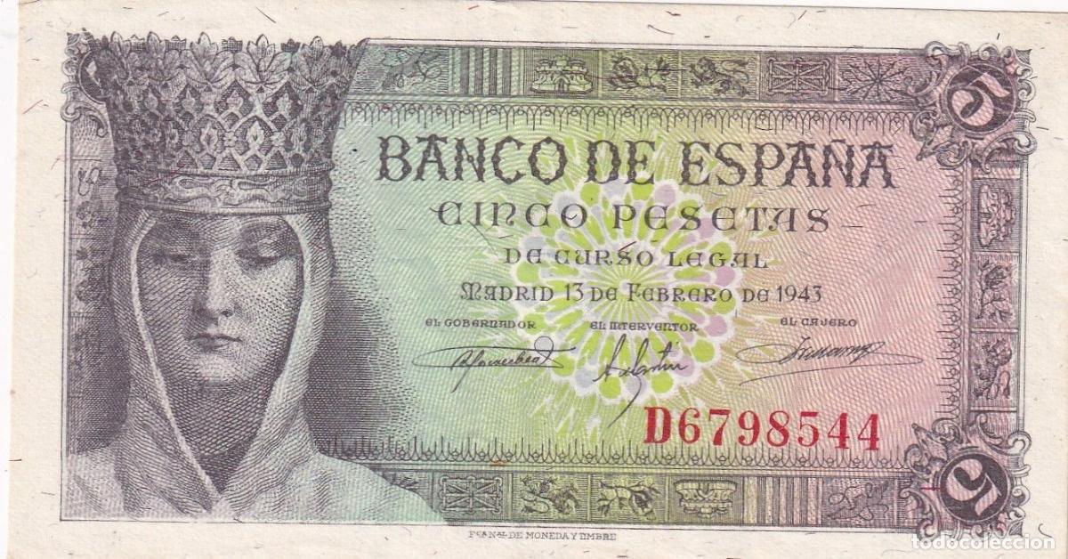 Notas espanholas: CRBS3206 BILLETE ESPA&Ntilde;A 5 PESETAS 1943 SERIE D EBC
