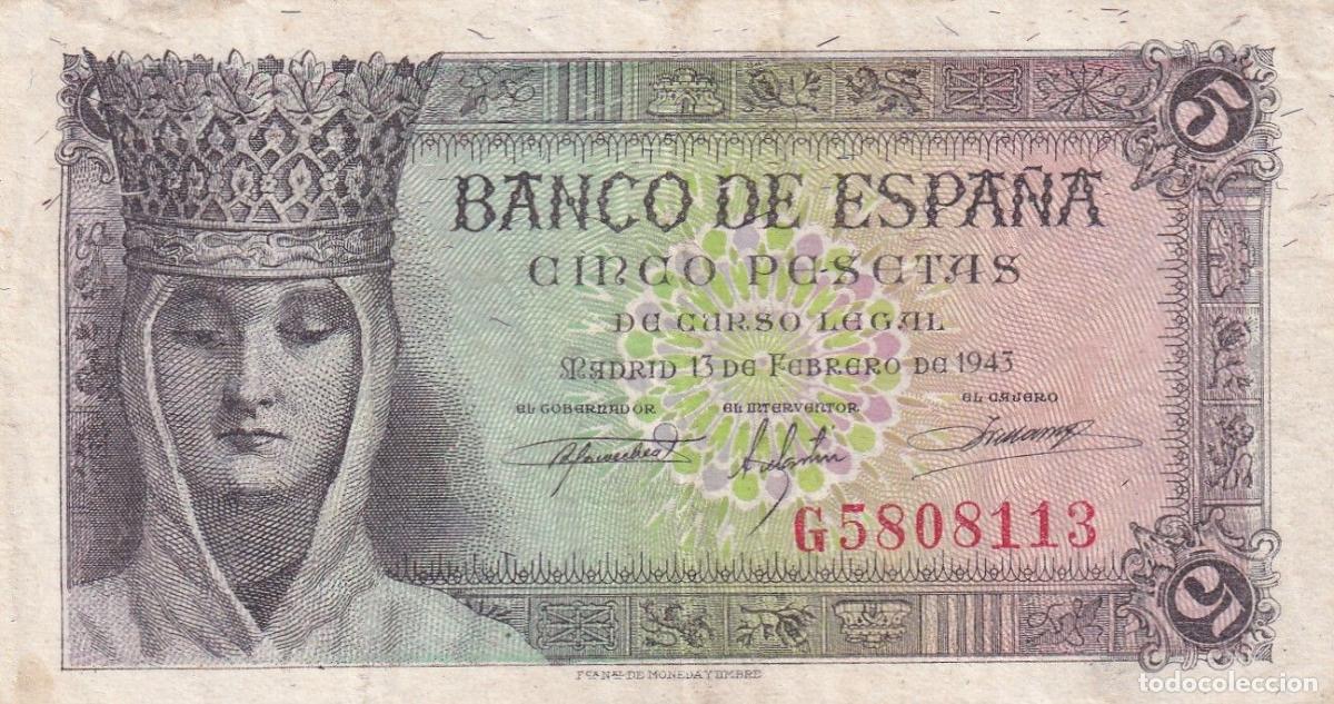 Notas espanholas: CRBS3207 BILLETE ESPA&Ntilde;A 5 PESETAS 1943 SERIE G MBC+