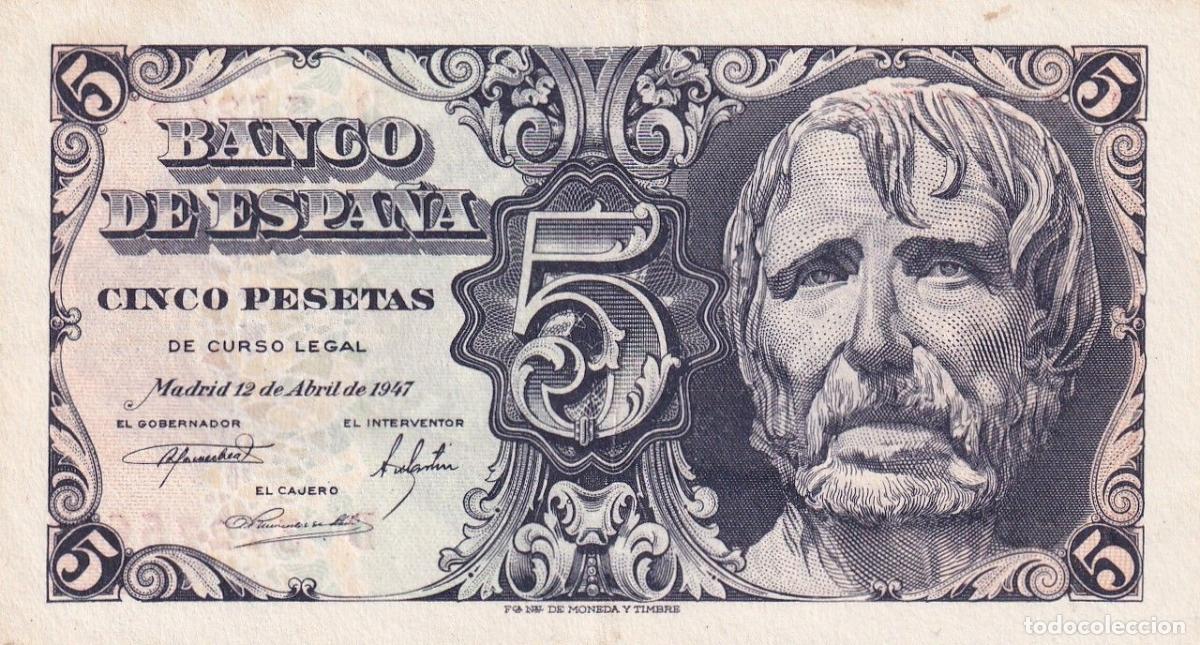 Notas espanholas: CRBS3209 BILLETE ESPA&Ntilde;A 5 PESETAS 1947 SERIE D EBC+