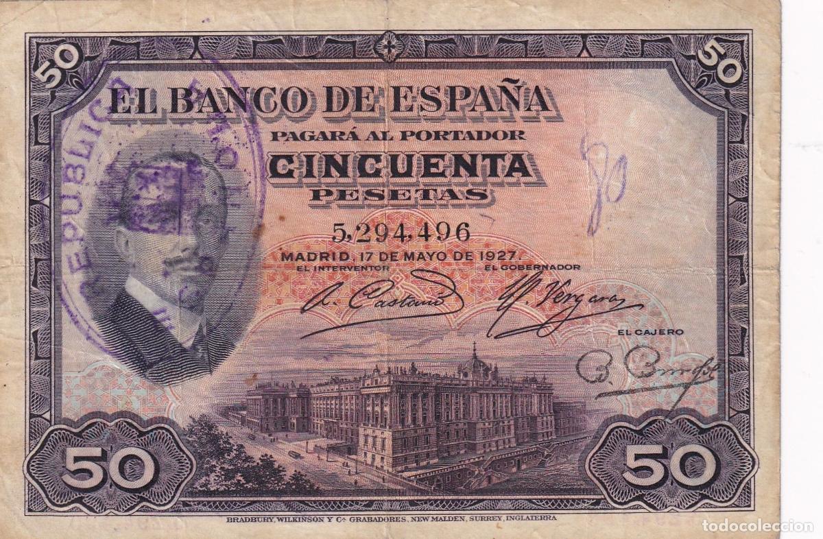 Notas espanholas: CRBS3227 BILLETE ESPA&Ntilde;A 50 PESETAS 1927 SIN SERIE Y SELLO CON ESCRITURA MBC
