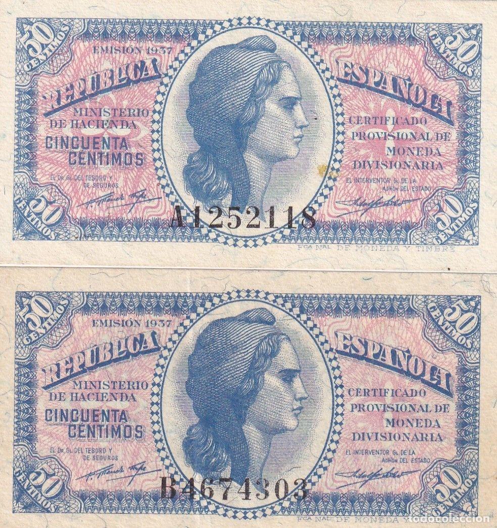 Banconote spagnole: CRBS3246 LOTE 2 BILLETES ESPA&Ntilde;A 50 CENTIMOS EMISION 1937 SERIE A-B S/C-