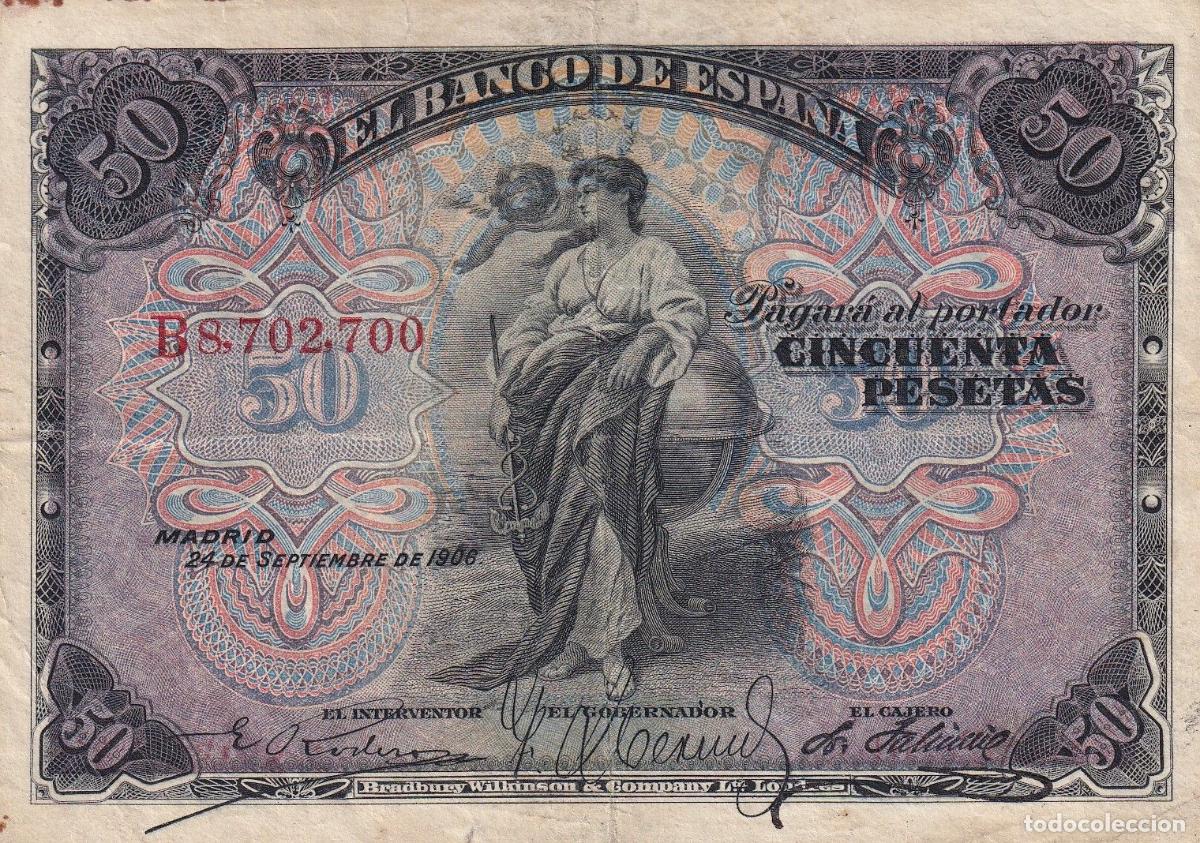 Banconote spagnole: CRBS3260 BILLETE ESPA&Ntilde;A 50 PESETAS 1906 SERIE B MBC
