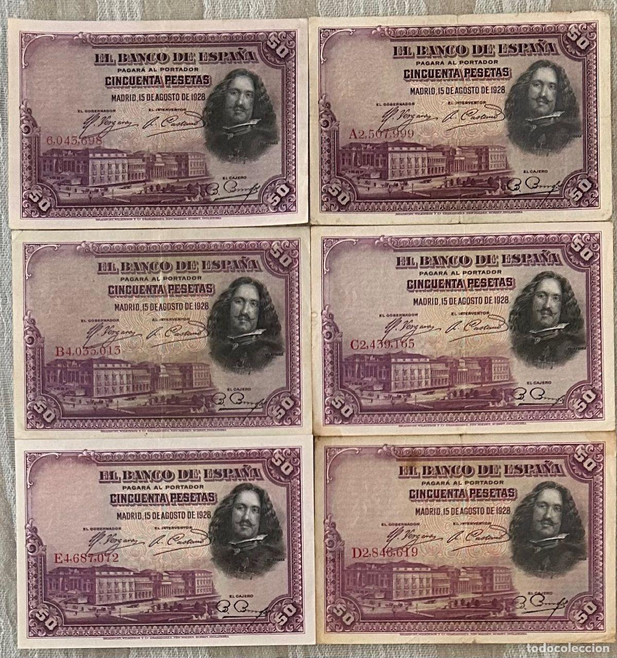 Banconote spagnole: CRBS3266 LOTE 6 BILLETES ESPA&Ntilde;A 50 PESETAS 1928 TODAS LA SERIES MBC