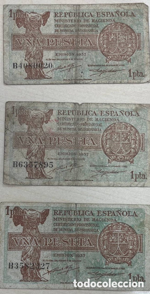 Billetes espa&ntilde;oles: Lote 3 billetes 1 peseta 1937 Rep&uacute;blica Espa&ntilde;ola BC