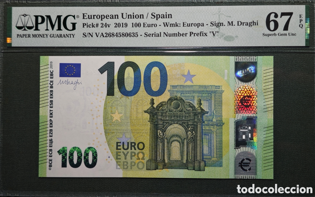 Billets espagnols: 100 EURO V003A1 VA ESPA&Ntilde;A DRAGHI 2019 PAREJA CORRELATIVA SC PLANCHA RIGUROSA PMG 67 EPQ