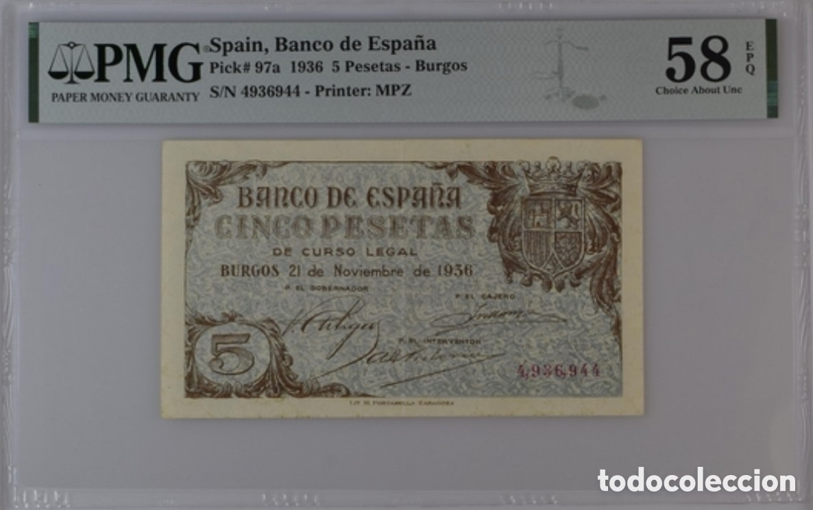 Notas espanholas: Billete 5 Pesetas 1936 PMG 58 EPQ