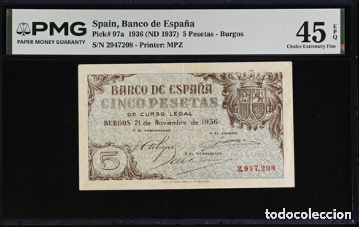 Billetes espa&ntilde;oles: Billete 5 Pesetas 1936 PMG 45 EPQ