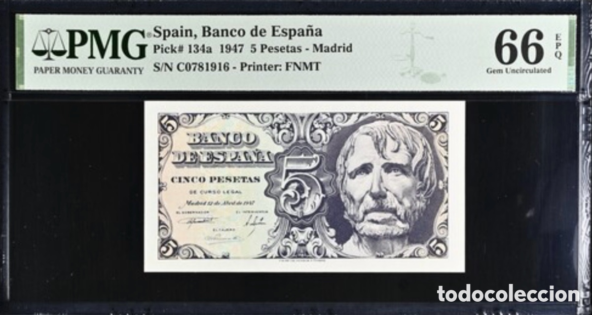 Billetes espa&ntilde;oles: Billete 5 Pesetas 1947 PMG 66 Serie C