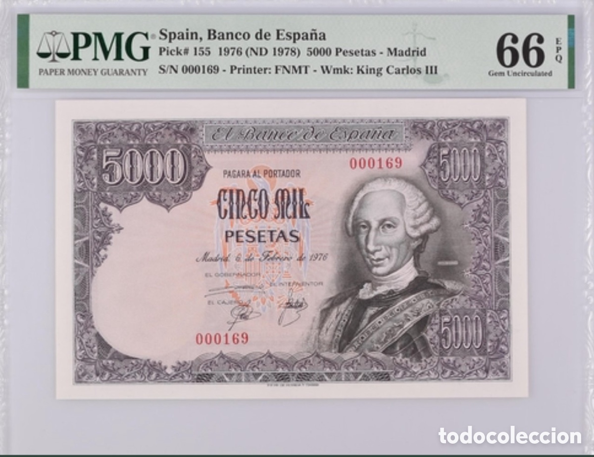 Billetes espa&ntilde;oles: Billete 5000 Pesetas 1976 PMG 66 Sin Serie N&uacute;mero 000169