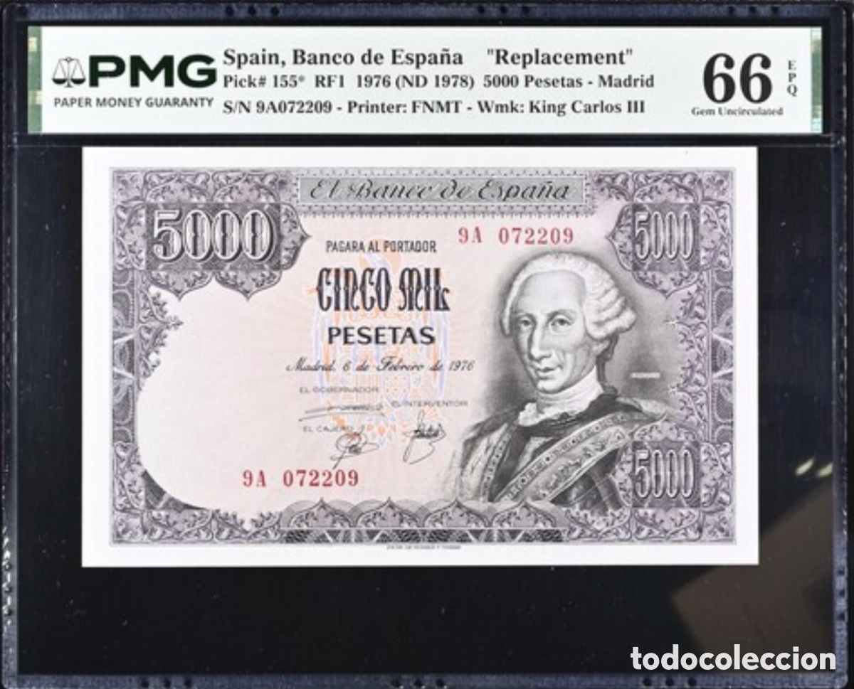 Billetes espa&ntilde;oles: Billete 5000 Pesetas 1976 PMG 66 Serie Especial 9A