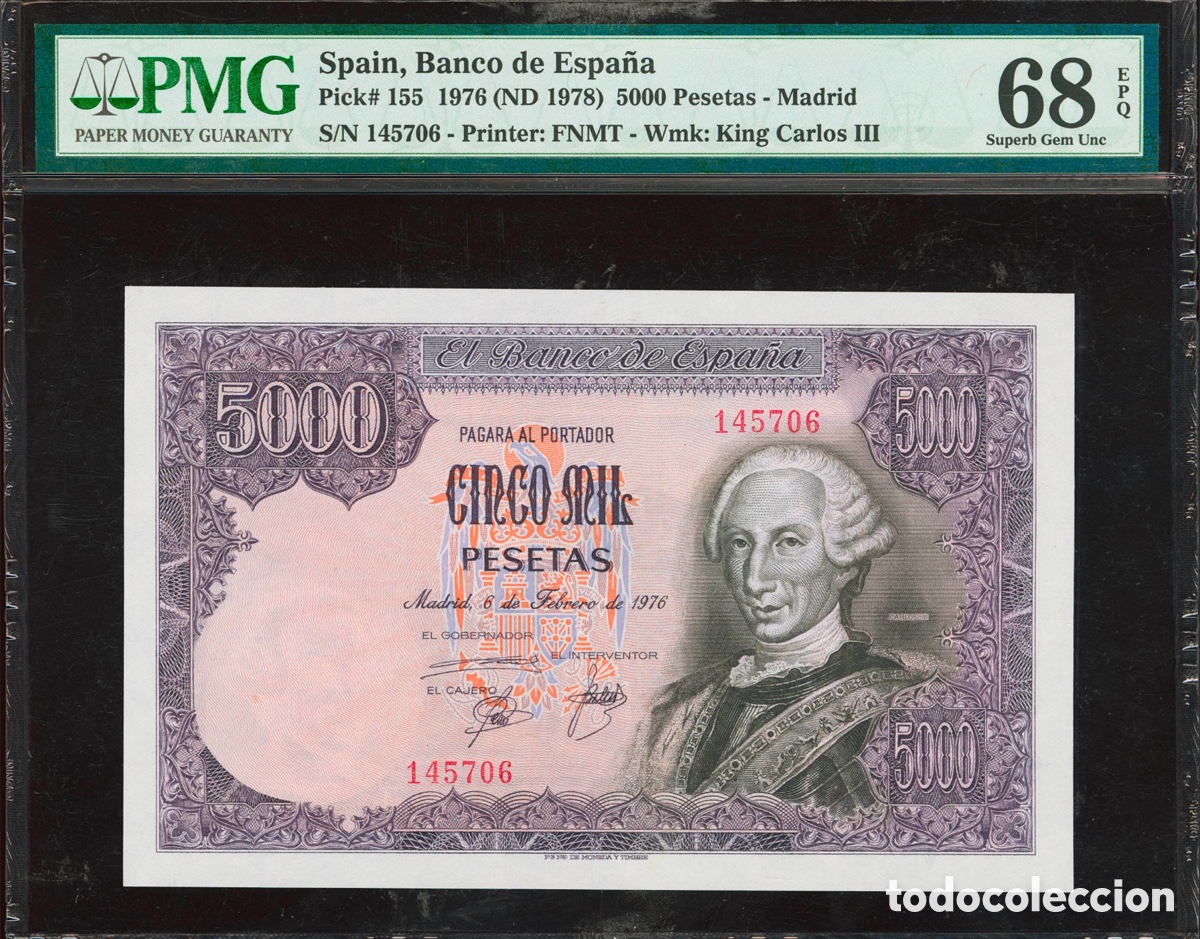 Billetes espa&ntilde;oles: Billete 5000 Pesetas 1976 PMG 68 Sin Serie