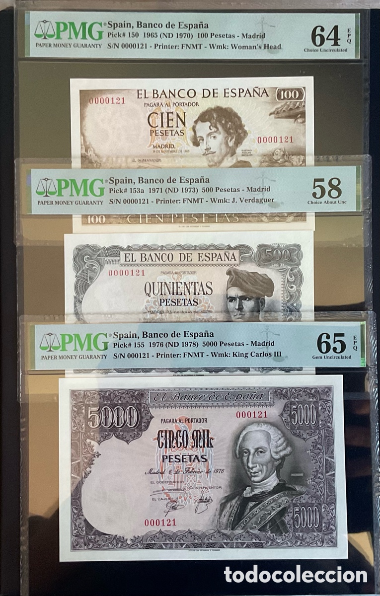 Billetes espa&ntilde;oles: 3 Billetes PMG misma Numeraci&oacute;n baja 000121