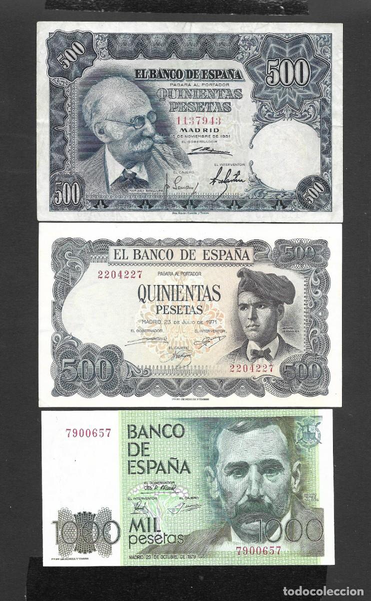 Billetes espa&ntilde;oles: 3 BILLETES SIN SERIE (2) 500 (1) 1000 PESETAS 1951-1971-1979 MBC-/EBC