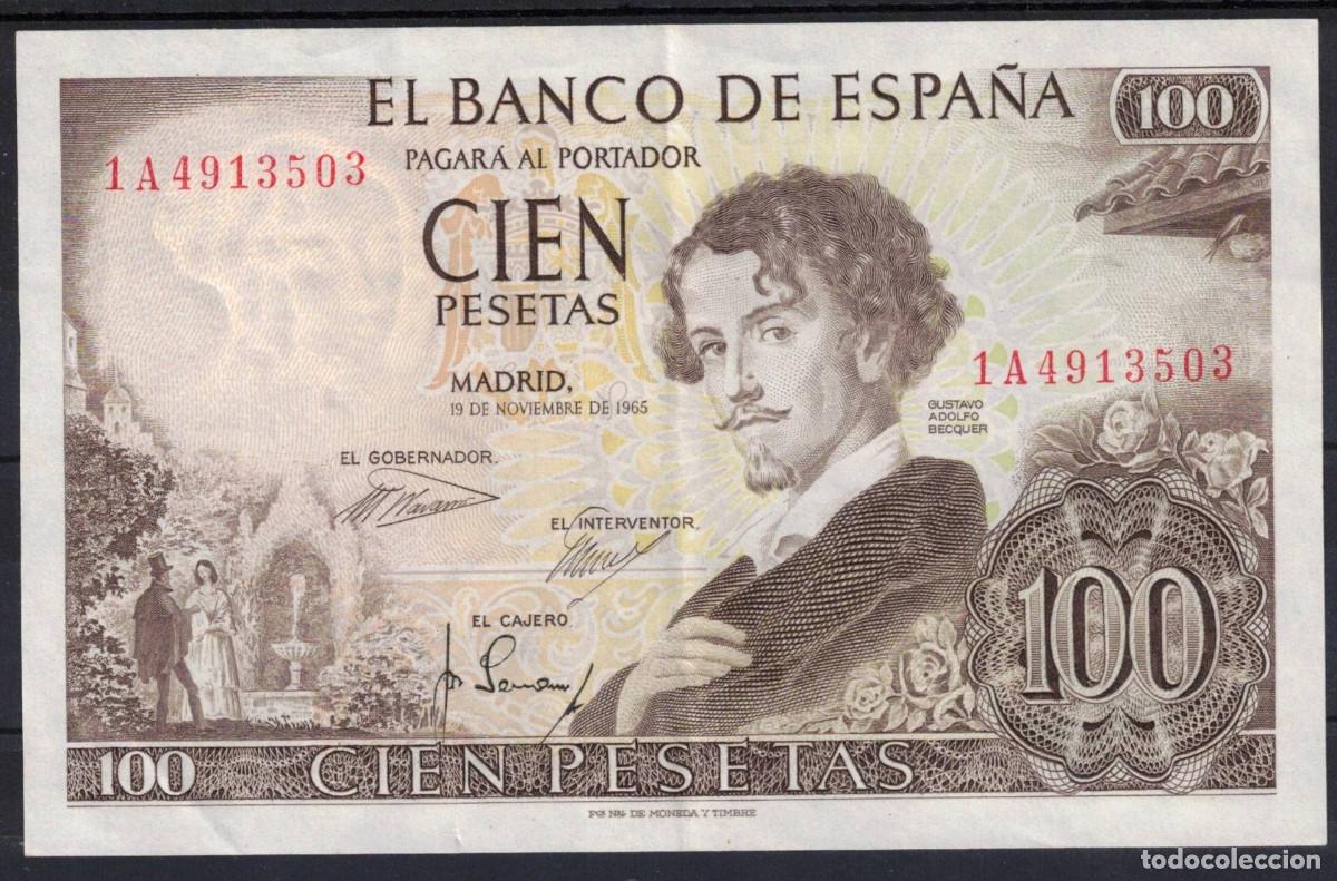 Billetes espa&ntilde;oles: BILLETE ESPA&Ntilde;A 100 PESETAS 1965 BECQUER - SERIE 1A - EBC-