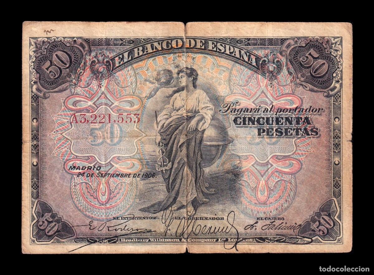 Billetes espa&ntilde;oles: Espa&ntilde;a 50 Pesetas Alegor&iacute;as 1906 Pick 58a Serie A Bc F