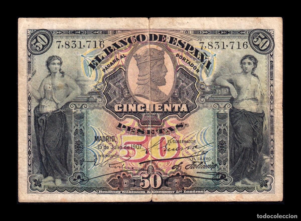 Billetes espa&ntilde;oles: Espa&ntilde;a 50 Pesetas Alegor&iacute;as 1907 Pick 63a Bc/Mbc F/Vf