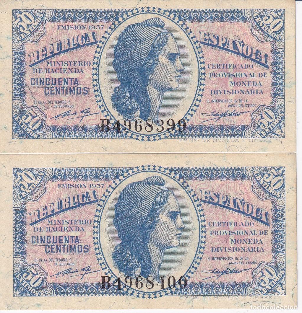 Banconote spagnole: PAREJA CORRELATIVA DE 50 C&Eacute;NTIMOS DEL A&Ntilde;O 1937 SERIE B SIN CIRCULAR - REPUBLICA ESPA&Ntilde;OLA