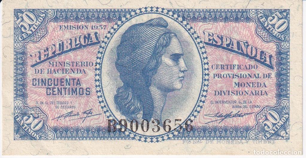 Banconote spagnole: BILLETE DE 50 CENTIMOS DEL A&Ntilde;O 1937 SERIE B EN CALIDAD EBC (REPUBLICA ESPA&Ntilde;OLA)