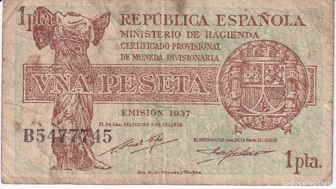 Banconote spagnole: &iexcl;&iexcl;CAPICUA!! BILLETE DE 1 PESETA DEL A&Ntilde;O 1937 SERIE B DE LA REPUBLICA ESPA&Ntilde;OLA 5477745