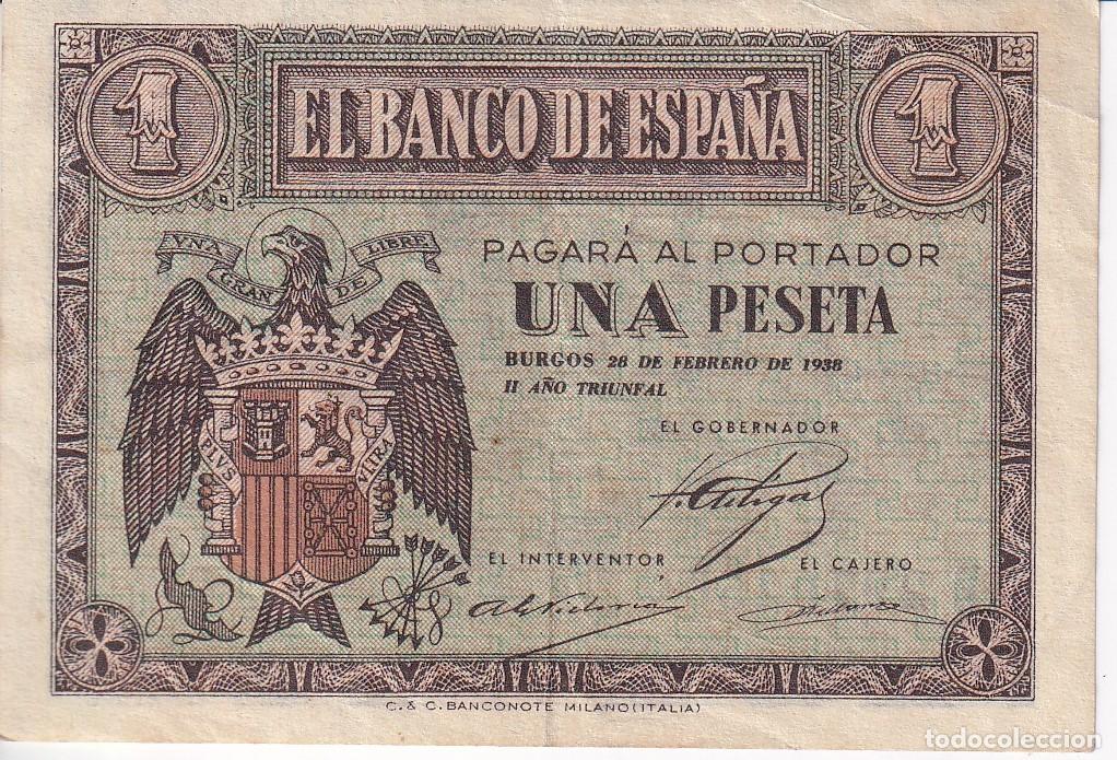 Banconote spagnole: BILLETE DE 1 PESETA DE BURGOS DEL 28 DE FEBRERO DEL A&Ntilde;O 1938 SERIE E