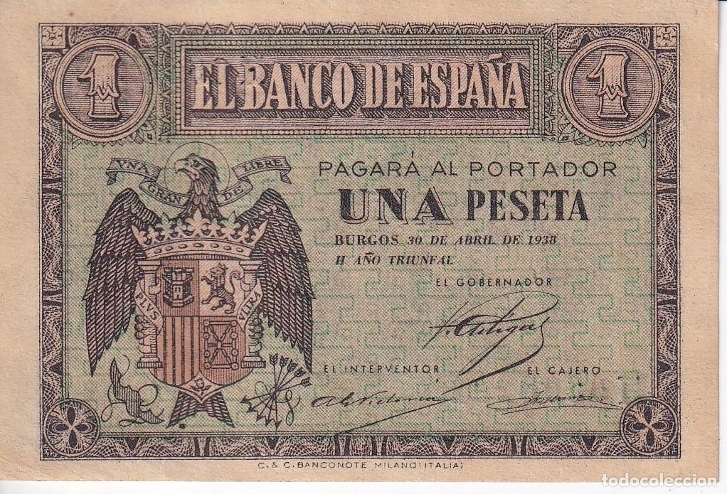 Banconote spagnole: BILLETE DE BURGOS DE 1 PESETA DEL 30 DE ABRIL DEL A&Ntilde;O 1938 SERIE H CALIDAD EBC