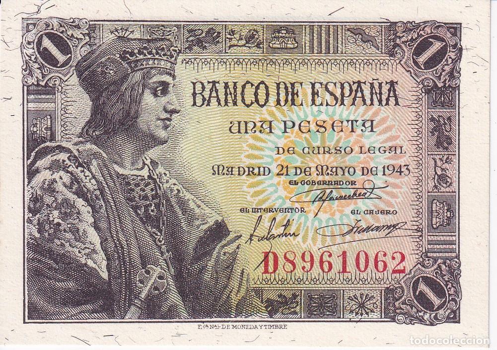 Banconote spagnole: BILLETE DE 1 PESETA DEL A&Ntilde;O 1943 SERIE D SIN CIRCULAR (SC) (FERNANDO EL CATOLICO)