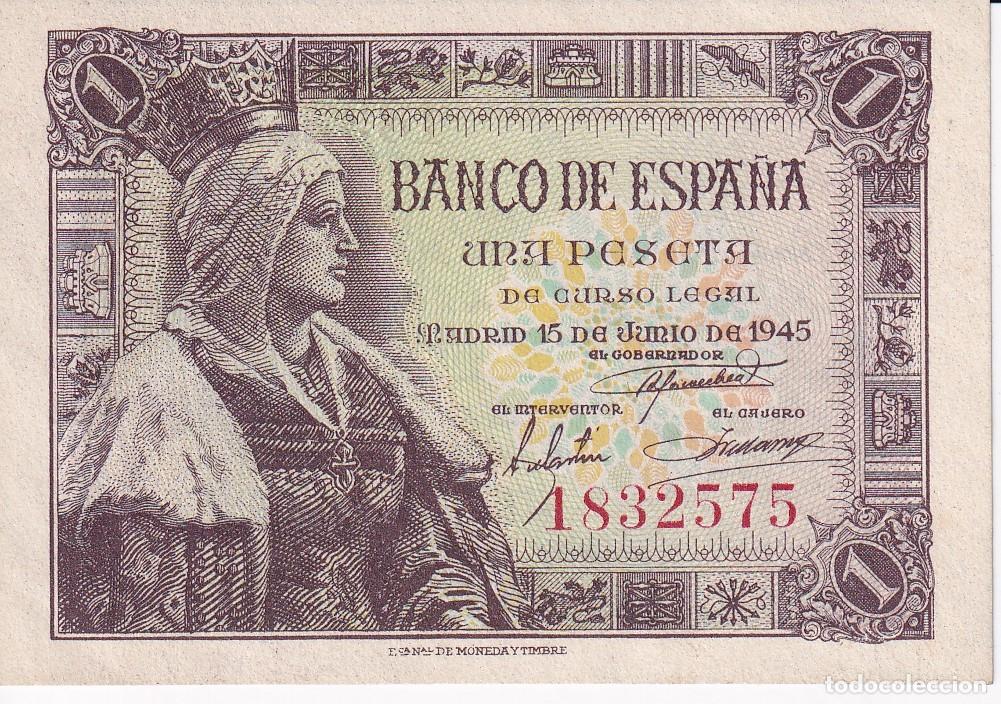 Banconote spagnole: BILLETE DE 1 PESETA DEL A&Ntilde;O 1945 DE ISABEL LA CATOLICA SIN SERIE SIN CIRCULAR (SC) (RARO)