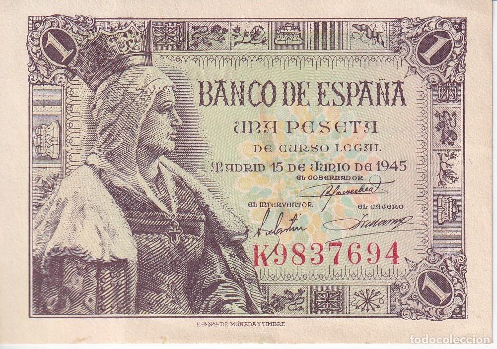 Banconote spagnole: BILLETE DE 1 PESETA DEL A&Ntilde;O 1945 DE ISABEL LA CATOLICA SERIE K SIN CIRCULAR (SC)